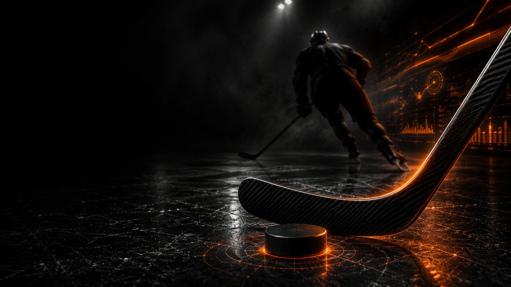 Ice hockey player with carbon stick and performance analytics overlay